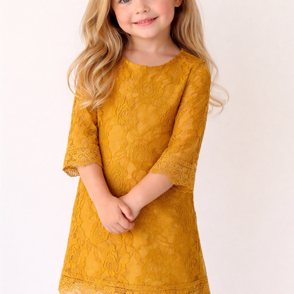 Girls' Lace A-Line Dress in Mustard Yellow